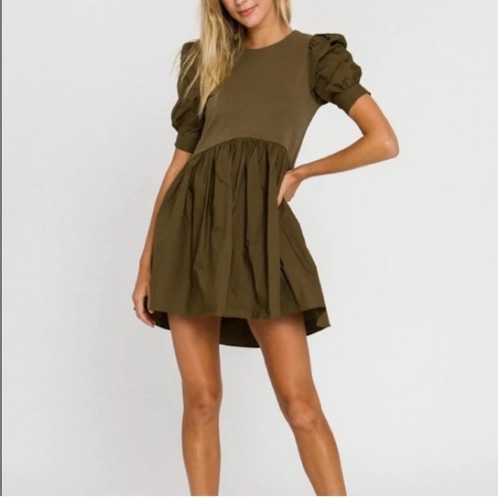 NWT English Factory High Low Knit Combo Dress Army Green